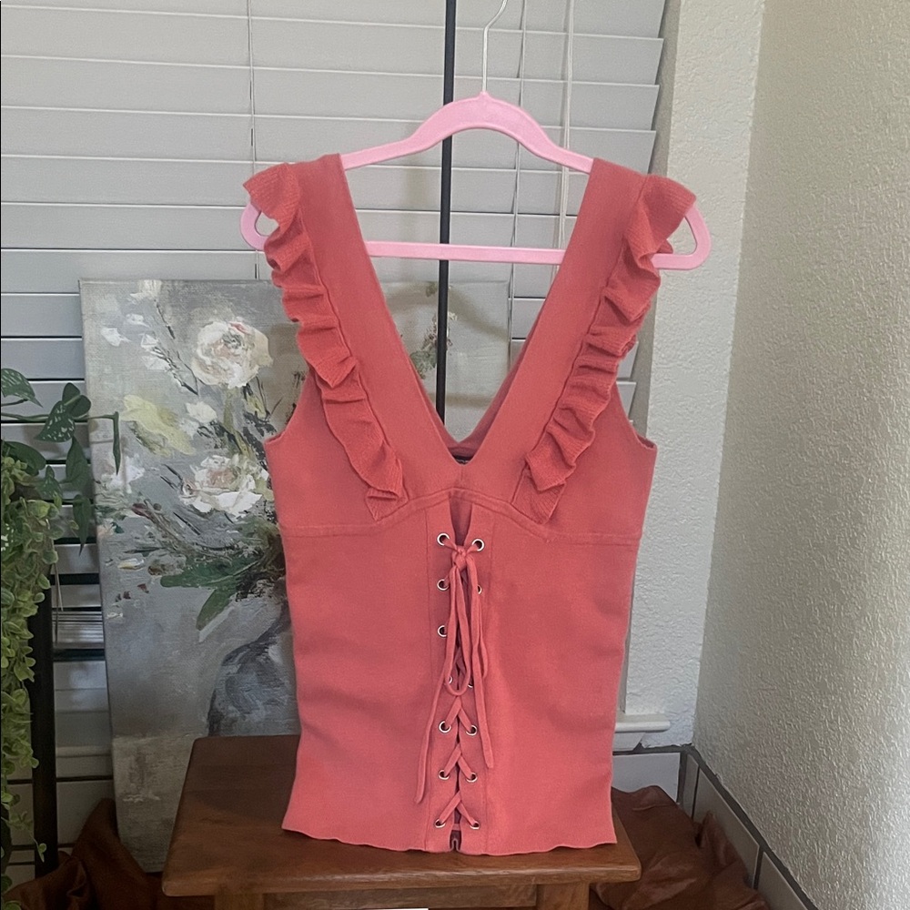 Express Coral/Salmon Ruffle Lace-Up Women’s Sweater Tank. Size small.
